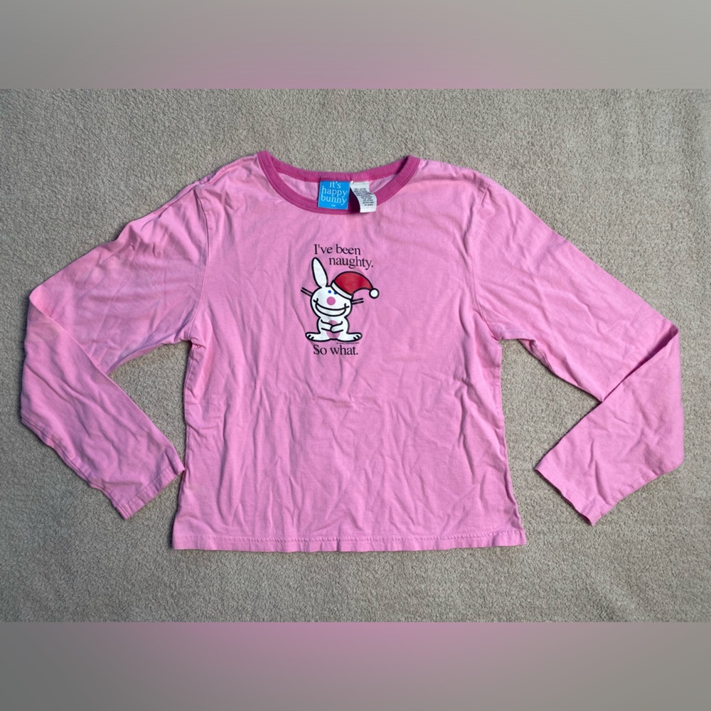 Women's Pink Long Sleeve Graphic Tee - Cute Bunny Holiday Design